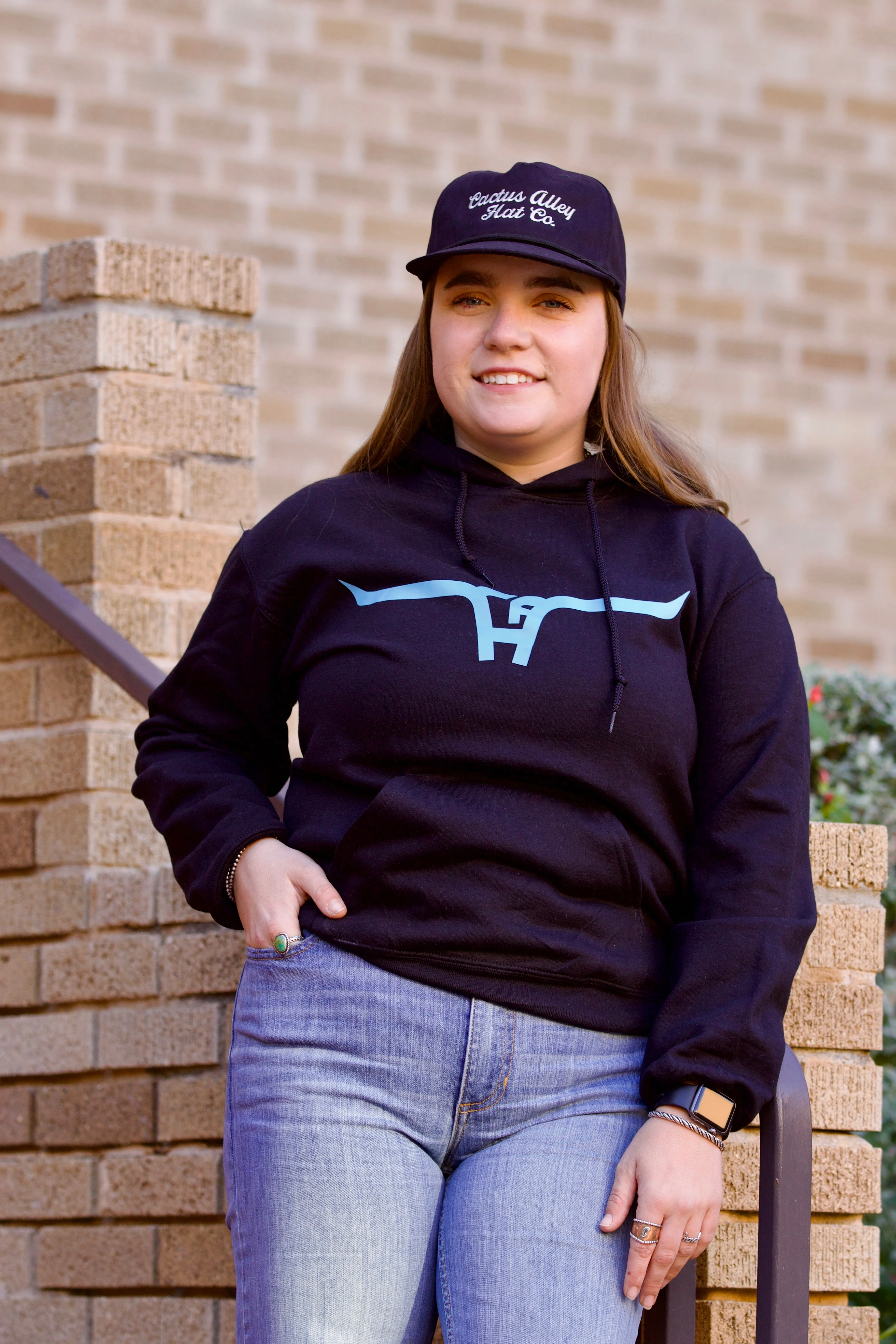 Turquoise Cactus Alley Longhorn - Black Adult Hoodie